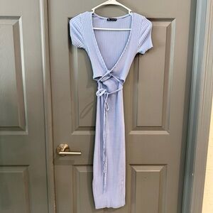 Zara Light Blue Ribbed Wrap Midi Dress